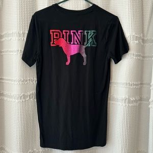 Black pocket tee with shiny vinyl, pink brand